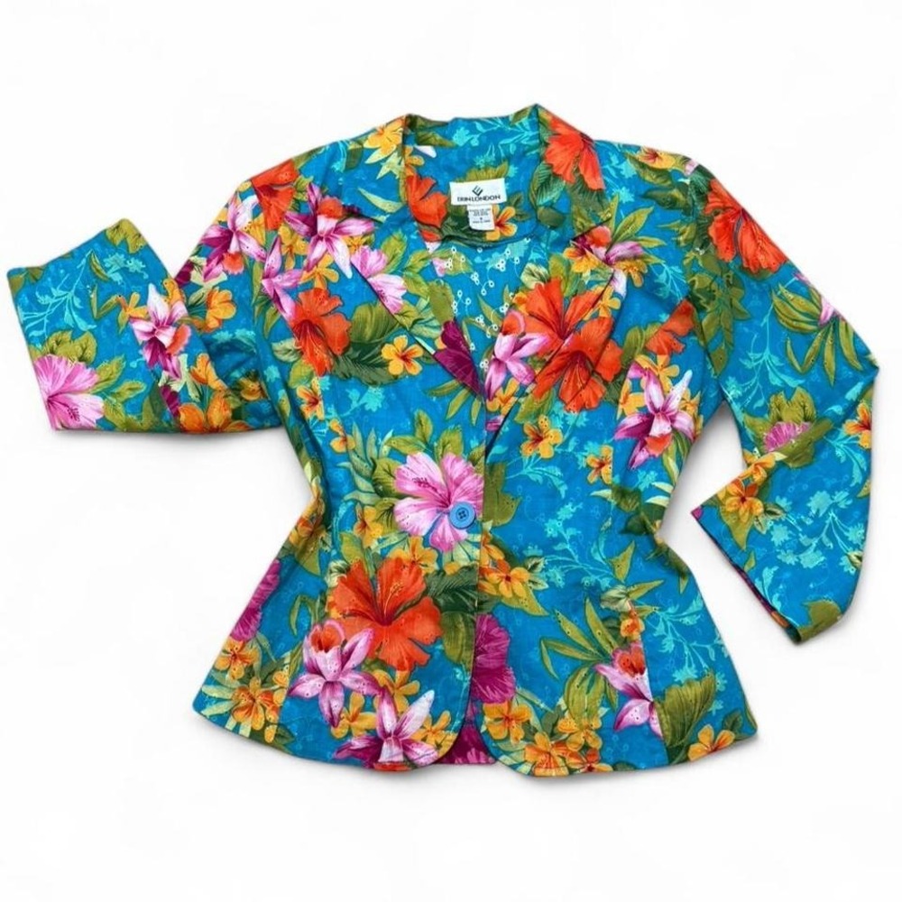 Vintage Erin London Tropical Floral Blazer eyelet fabric resort wear Size Small